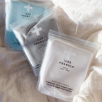 Flat Lay with Hair Turban Towels; White, Grey, and Blue